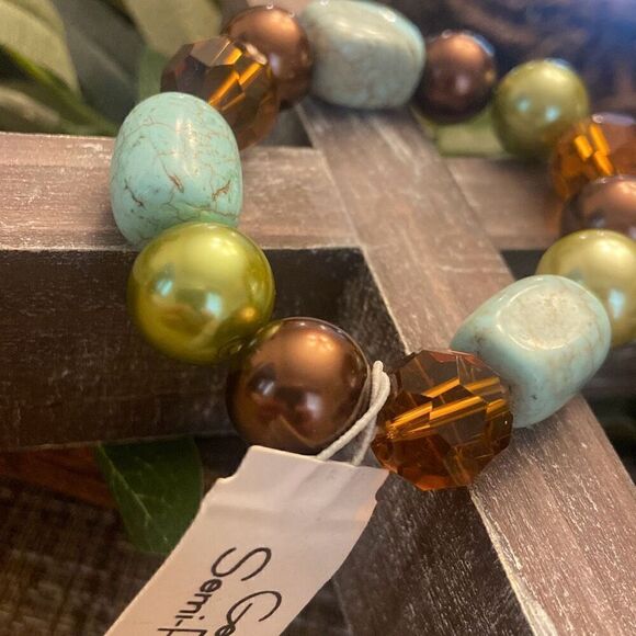 Genuine Semi-Precious Stone Stretch Bracelet Turquoise Green Brown Made in USA - Picture 3 of 7